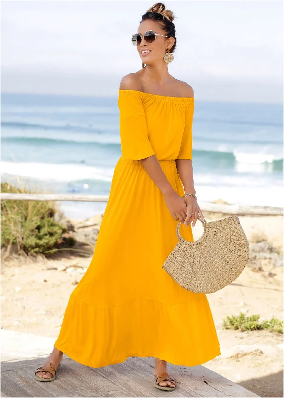 tropical print maxi dress-Off-The-Shoulder Maxi Dress - Yellow