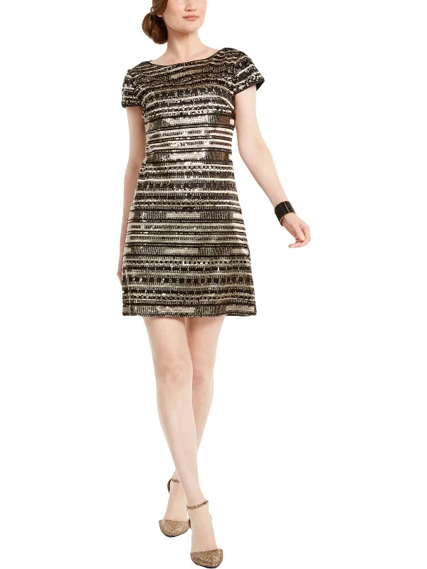 pink cocktail dress-Womens Sequined Cap Sleeve Cocktail Dress