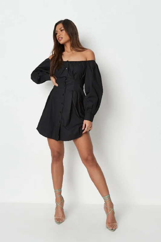 Affordable mini dresses under $50-Off Shoulder Button Open Front Black Mini Dress