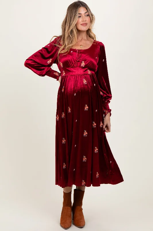 tiered midi dress-Red Velvet Embroidered Floral Maternity Midi Dress