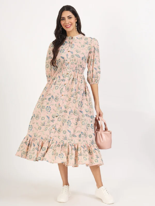 ruffled sleeve maxi dress-Pink Floral Print Cotton Knee Long Dress for Women