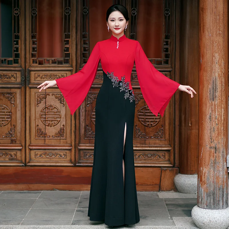 fit and flare maxi dress-(S-5XL & Custom Size) Plus Size Flare Sleeve Qipao Maxi Dress (Performance / Mother of the Bride)