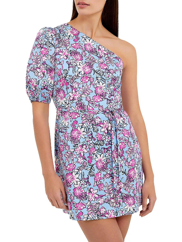 Ruffled hem mini dresses with floral prints-Fotini Womens One Shoulder Short Mini Dress