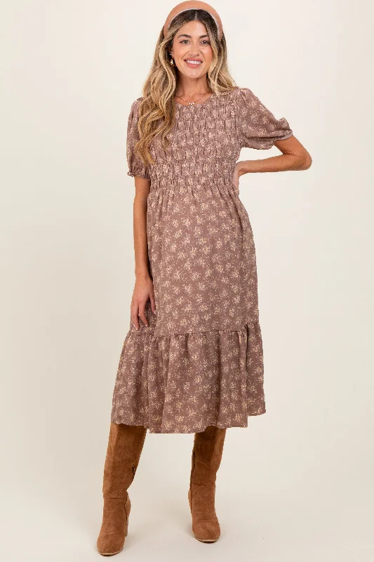 black midi dress-Mocha Floral Puff Sleeve Smocked Maternity Midi Dress