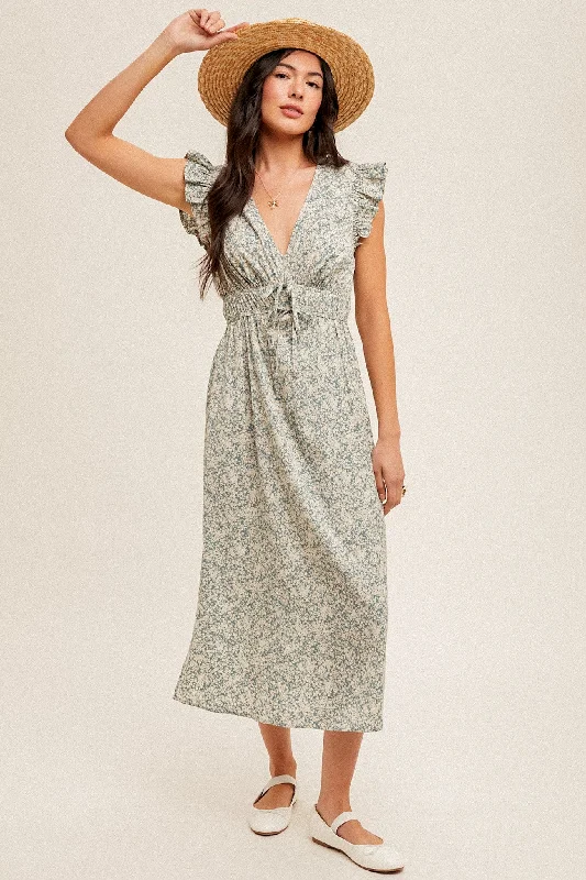 velvet midi dress-Dusty Blue Flutter Sleeves Floral Print Midi Dress