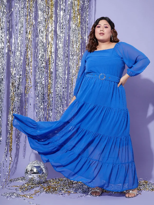 casual shift maxi dress-Women Blue Off Shoulder Tiered Maxi Dress