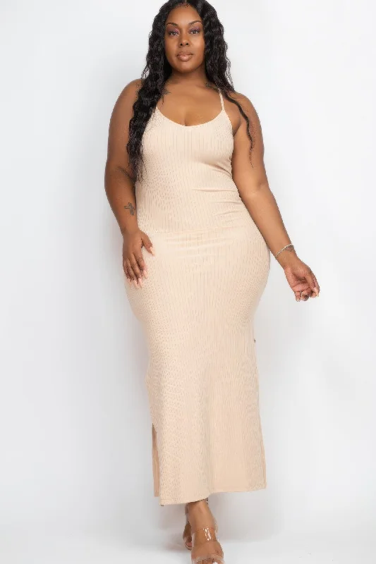 V-neck maxi dress-Plus Size Ribbed Side Slit Long Cami Maxi Dress