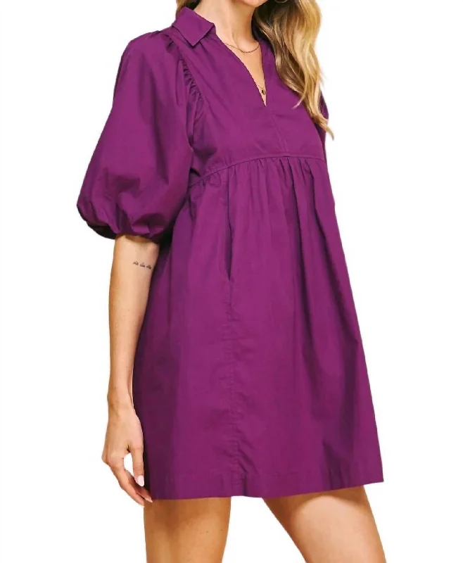 Convertible mini dresses with detachable sleeves-Easy Essential Collared Mini Dress In Eggplant Purple