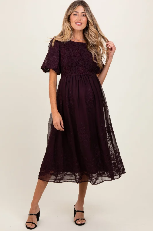 tie waist midi dress-Plum Floral Lace Smocked Maternity Midi Dress