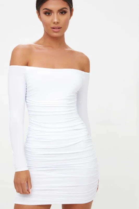 Best mini dresses for curvy body types-White Off shoulder Full Sleeves Mini Dress