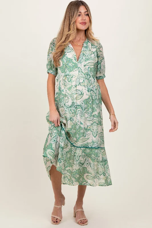 ribbed midi dress-Green Paisley Front Tie Ruffle Trim Maternity Midi Dress