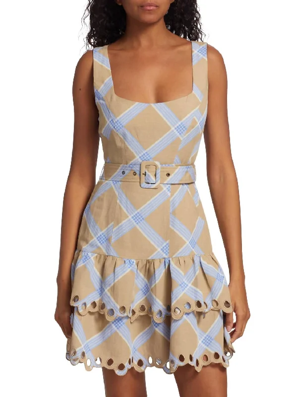 Pleated mini dresses with metallic accents-Isla Mini Dress In Tan And Blue