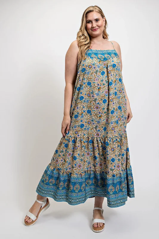 formal maxi dress-Floral And Aztec Print Drop Down Maxi Dress With Spaghetti Strap