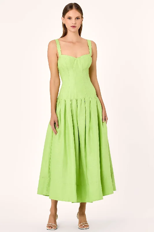 workwear midi dress-MAKENNA DROP WAIST CORSET MIDI DRESS - LIME