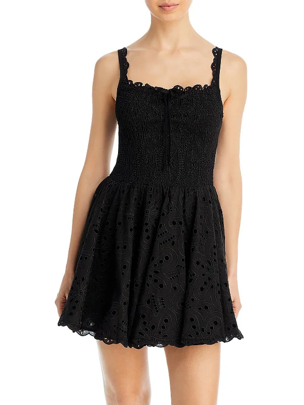 Mini dresses with belt loops for accessories-Lina Womens Eyelet Mini Fit & Flare Dress