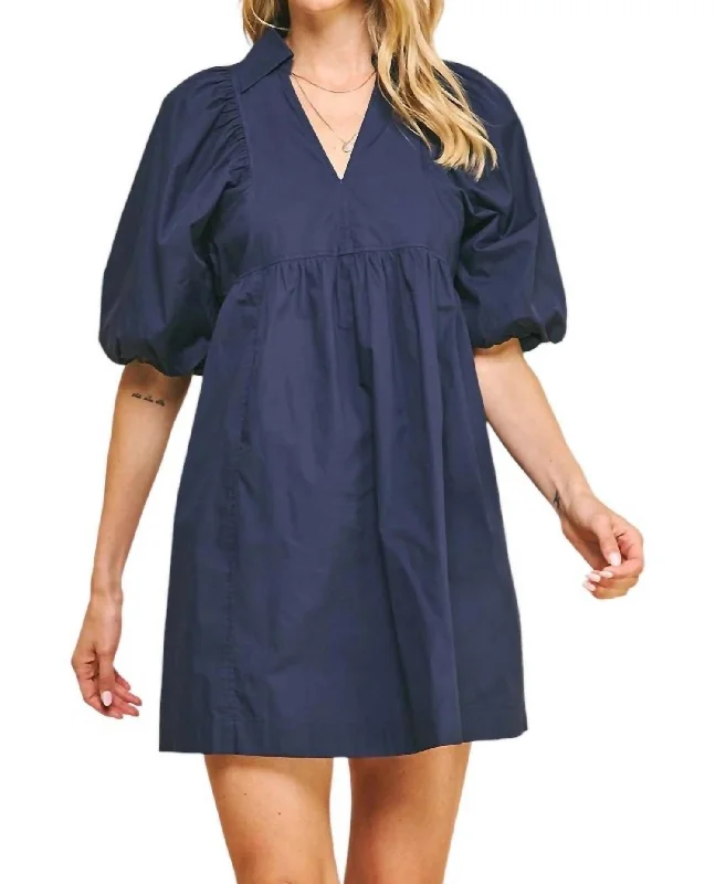 Mini dresses with bell sleeves for retro flair-Easy Essential Collared Mini Dress In Navy