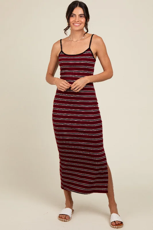 halter neck midi dress-Burgundy Striped Ribbed Side Slit Midi Dress