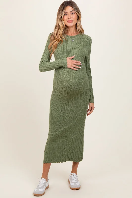 two-piece midi dress-Olive Ribbed Knit Fitted Maternity Midi Sweater Dress