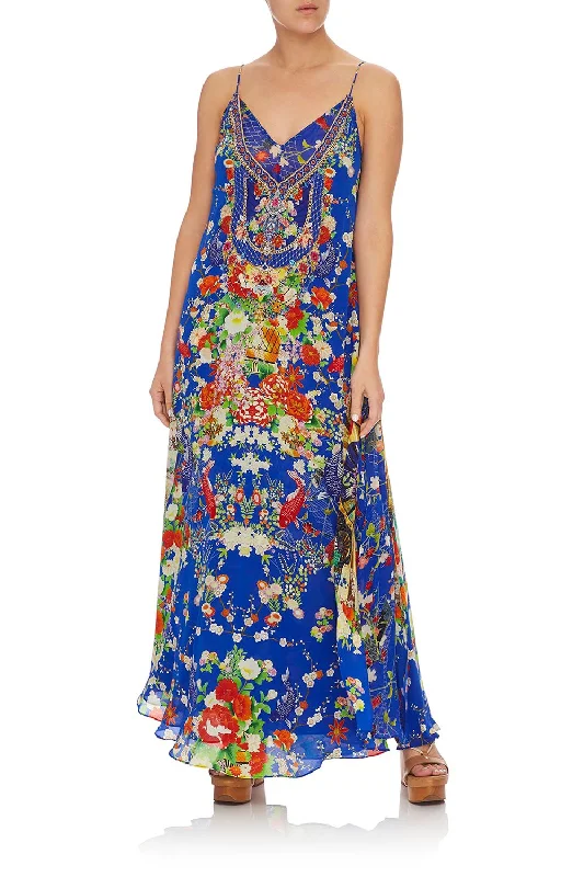 casual drawstring maxi dress-LONG DRESS WITH SHEER UNDERLAY PLAYING KOI