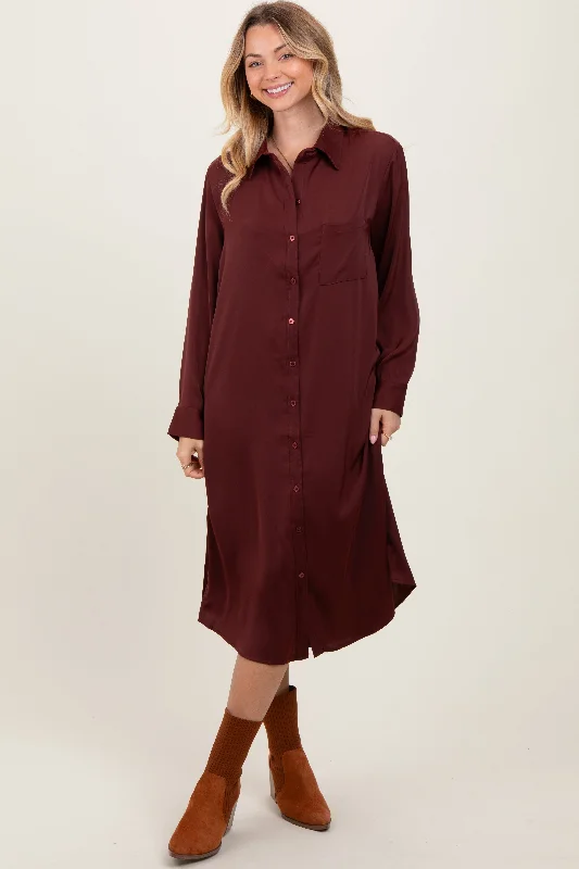 red midi dress-Rust Long Sleeve Midi Shirt Dress