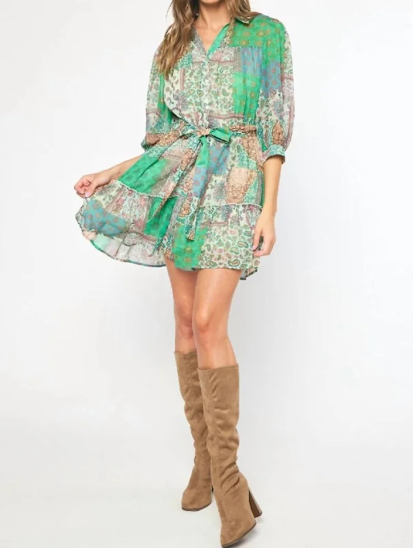 Winter party mini dresses with sleeves-Belted Mini Dress In Green