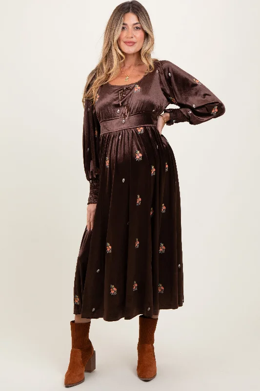 casual midi dress-Brown Velvet Embroidered Floral Maternity Midi Dress