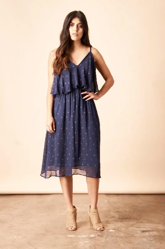 romantic midi dress-Baby Cacti 'Cropped' Midi Dress in Navy + Gold