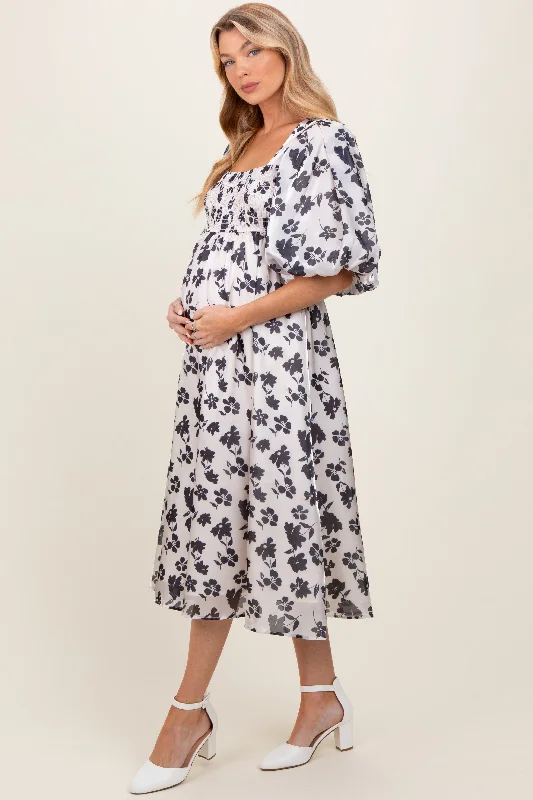 sundress midi dress-Ivory Satin Floral Smocked Maternity Midi Dress