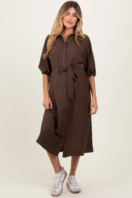 slit midi dress-Brown Sash Tie Maternity Midi Shirt Dress