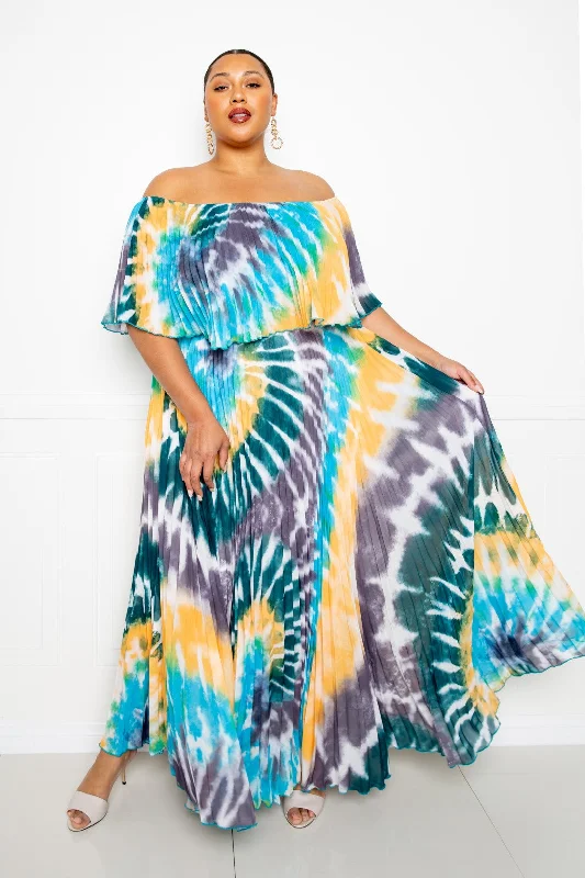 floral lace maxi dress-Tie Dye Off Shoulder Pleated Maxi Dress