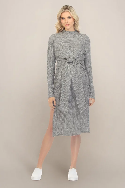 street style midi dress-Gray Charcoal Long Sleeve Maternity Midi Dress with Bow Front