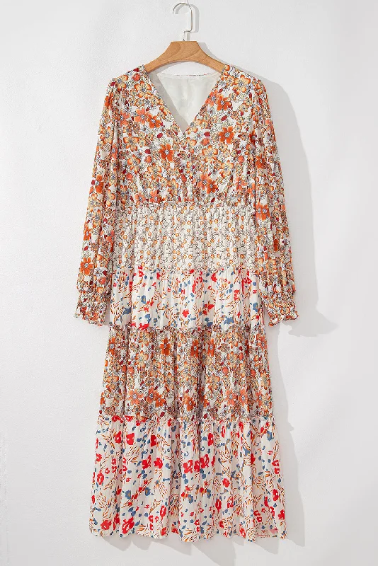 bohemian print maxi dress-Khaki Plus Size Floral Tiered Ruffle Maxi Dress