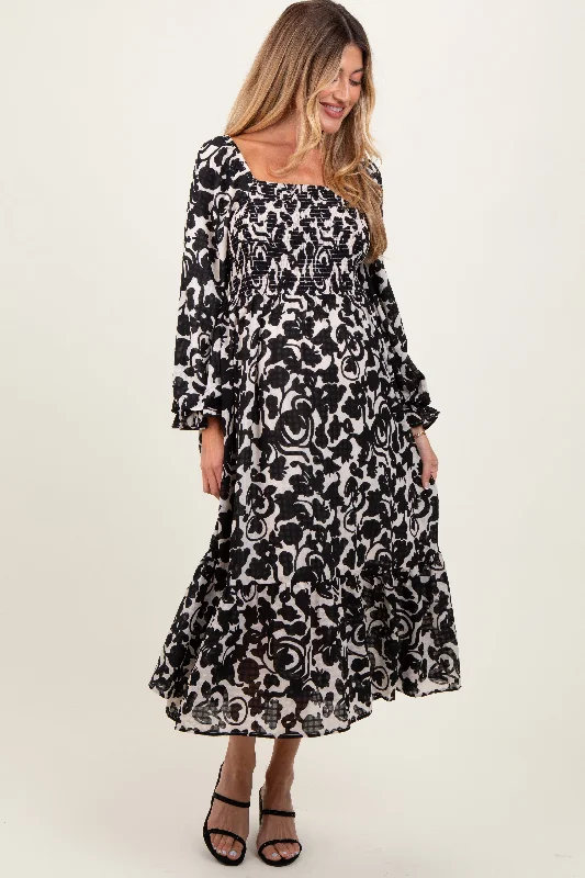 sheer midi dress-Black Floral Damask Print Smocked Maternity Midi Dress