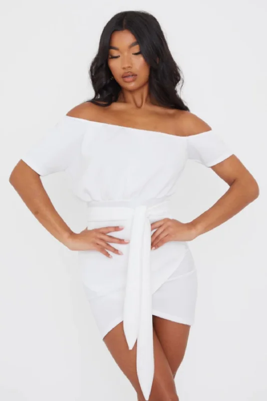 Modest mini dresses with high necklines-Short Off Shoulder Mini White