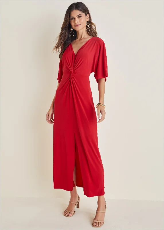 maxi dress with slit-Twist Front Maxi Dress - Red