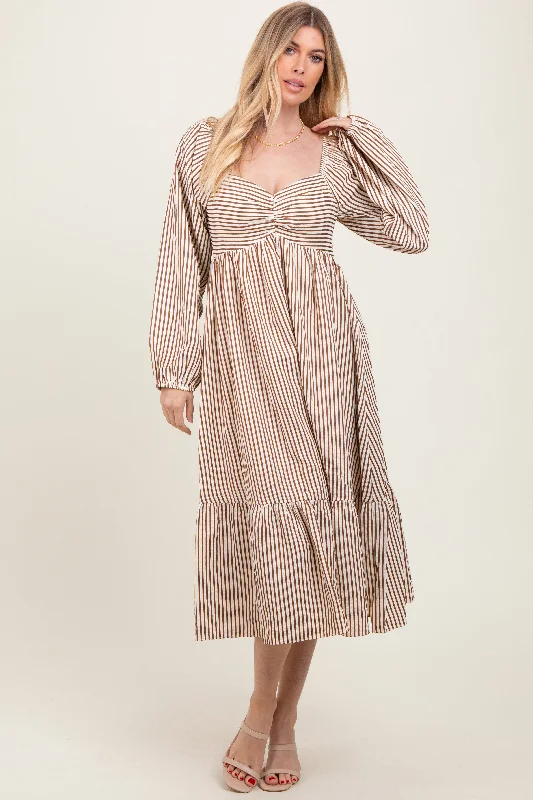 tie waist midi dress-Brown Striped Ruched Bodice Balloon Sleeved Midi Dress