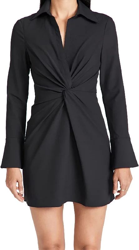 Mini dresses with corset lacing details-Cinq A Sept Women's Black Ruched Front Polo Collar Mckenna Mini Dress