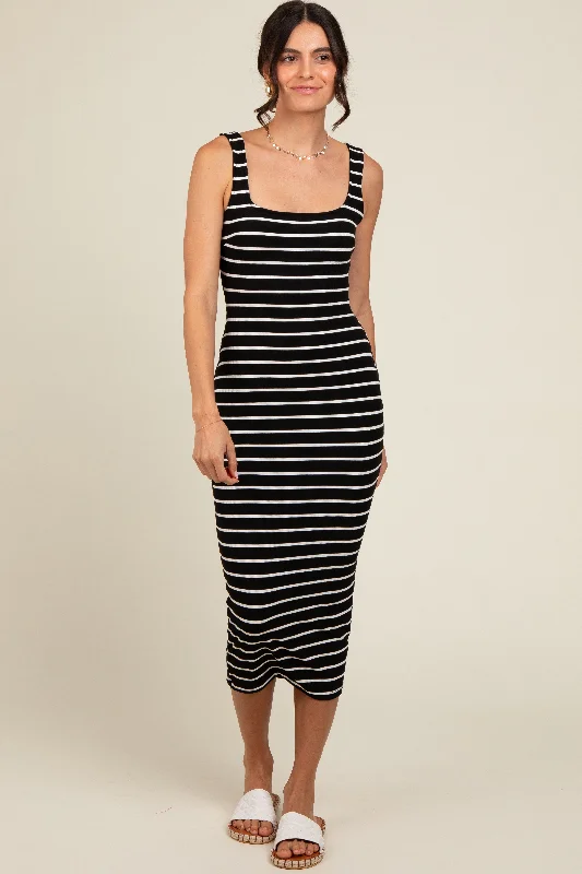 mock neck midi dress-Black Striped Fitted Square Neck Midi Dress