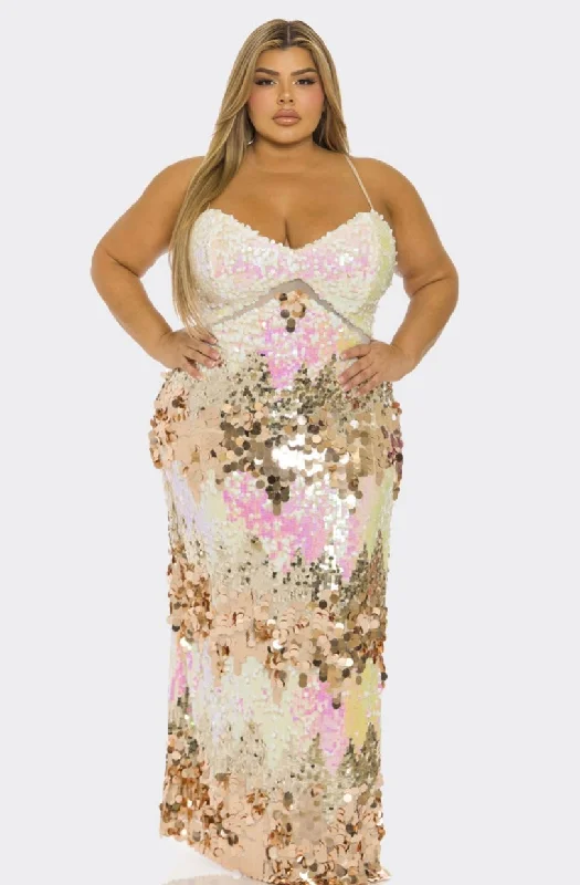 backless maxi dress-Pink Multi Color Disc Sequin Combo Maxi Dress