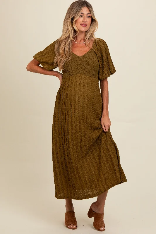 chiffon midi dress-Olive Smocked V-Neck Short Puff Sleeve Textured Maternity Midi Dress