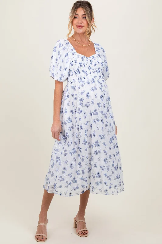 cocktail midi dress-Blue Floral Smocked Bodice Maternity Midi Dress