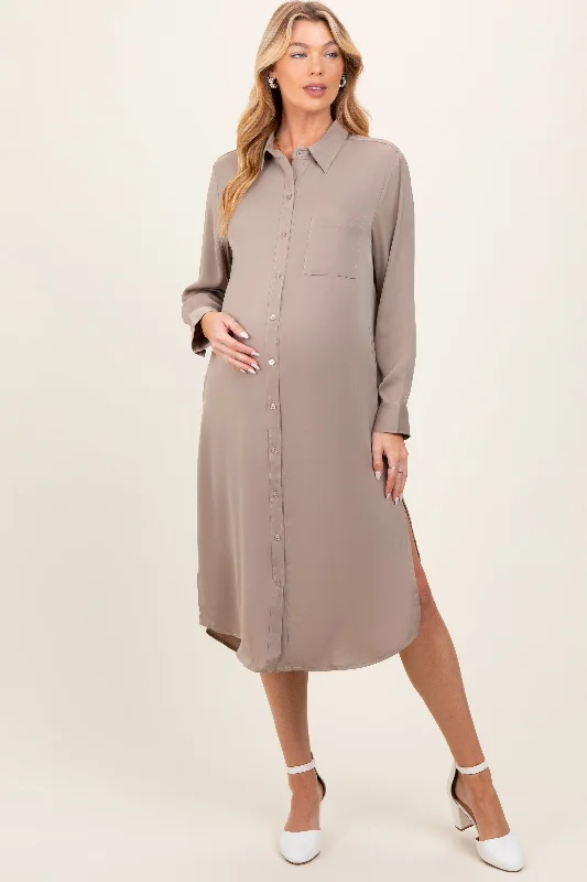 turtleneck midi dress-Light Taupe Long Sleeve Maternity Midi Shirt Dress