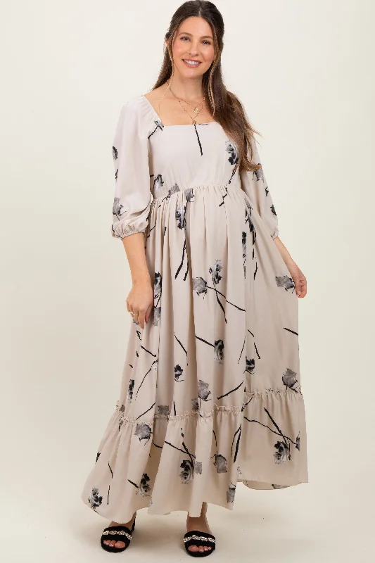 black midi dress-Cream Floral Square Neck Maternity Midi Dress