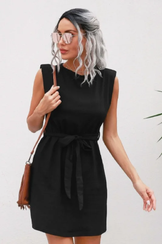 Mini dresses with long sleeves for winter-Sleeveless Tie Waist Round Neck Mini Dress