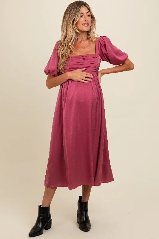 crochet midi dress-Mauve Satin Pleated Bodice Puff Sleeve Maternity Midi Dress