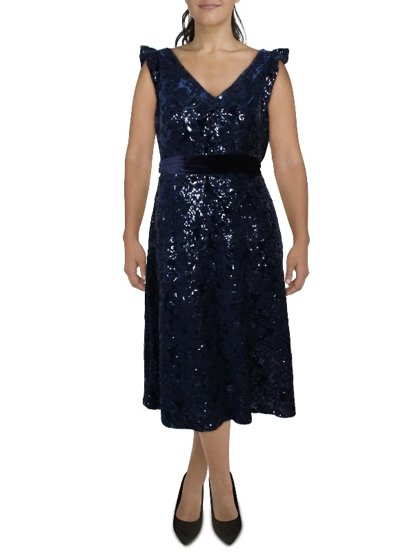 cocktail dress with bishop sleeves-Womens Velvet Sequined Cocktail and Party Dress