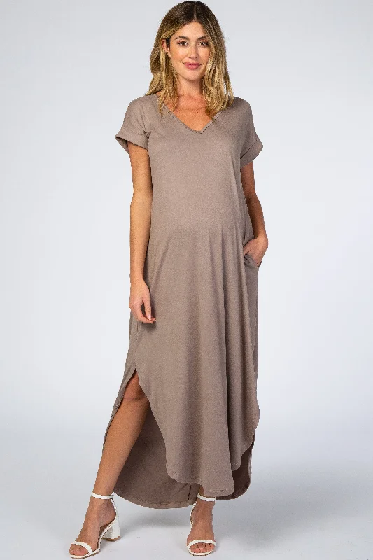 maxi dress with belt-Taupe Side Slit Maternity Maxi Dress