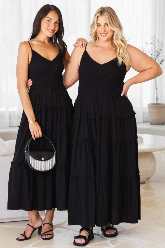 maxi dress with empire waist-Austen V-Neck Shirred Maxi Dress Black