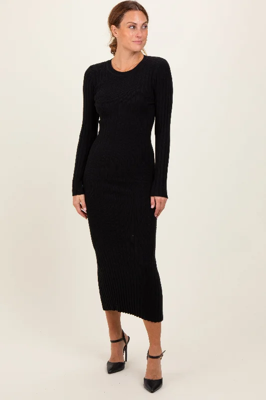 edgy midi dress-Black Ribbed Knit Fitted Midi Sweater Dress