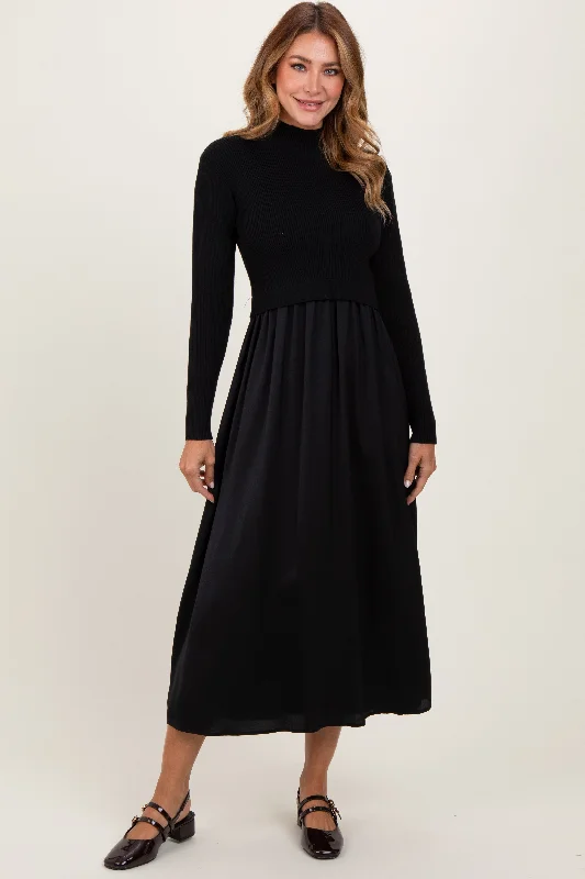 beaded midi dress-Black Knit Contrast Top Satin Midi Dress